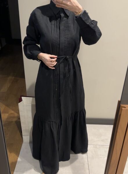 KETEN NERVÜRLÜ SİYAH ELBİSE