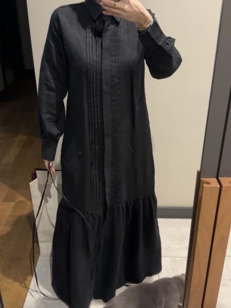 KETEN NERVÜRLÜ SİYAH ELBİSE