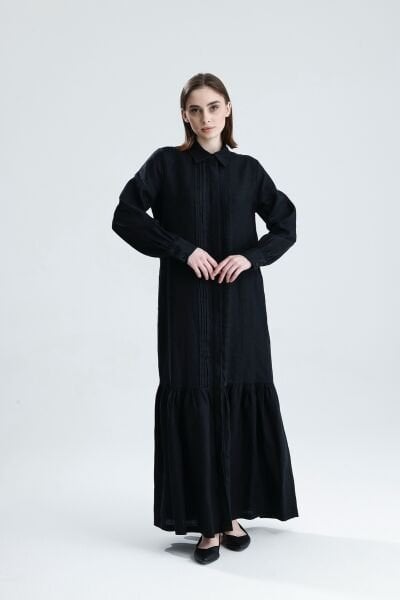 KETEN NERVÜRLÜ SİYAH ELBİSE