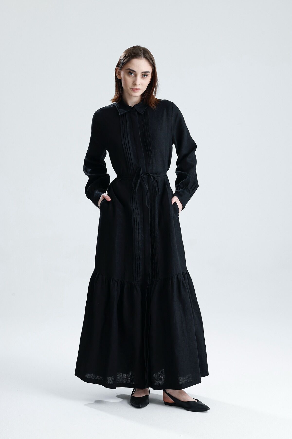 KETEN NERVÜRLÜ SİYAH ELBİSE