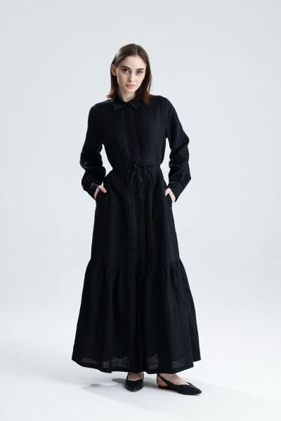 KETEN NERVÜRLÜ SİYAH ELBİSE