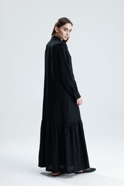 KETEN NERVÜRLÜ SİYAH ELBİSE