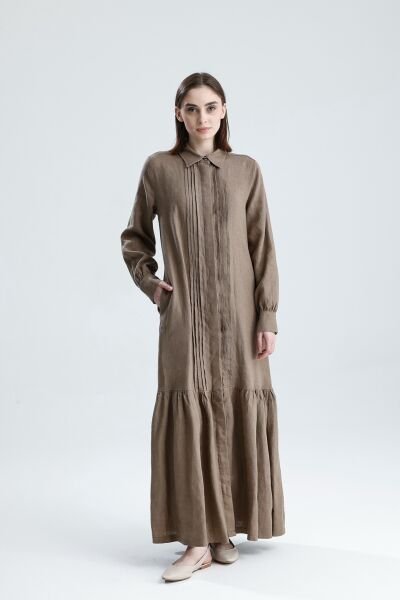 KETEN NERVÜRLÜ KOYU BEJ ELBİSE