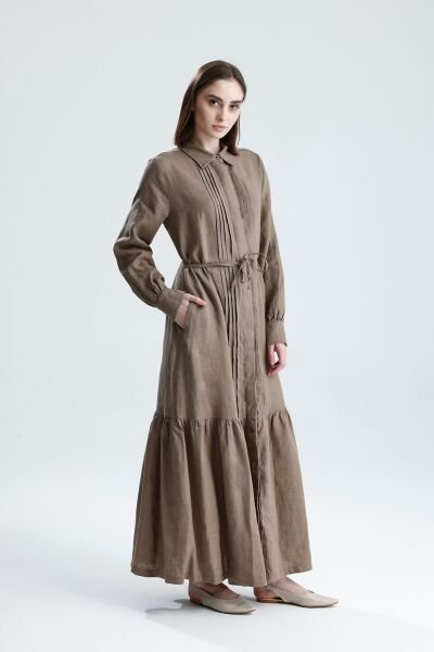 KETEN NERVÜRLÜ KOYU BEJ ELBİSE