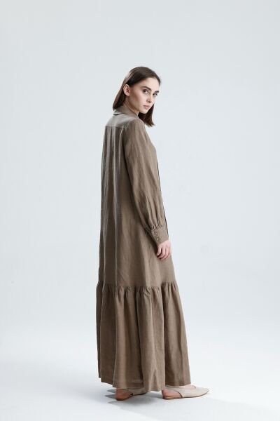 KETEN NERVÜRLÜ KOYU BEJ ELBİSE
