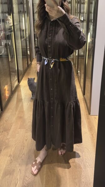 KETEN NERVÜRLÜ ACI KAHVE ELBİSE