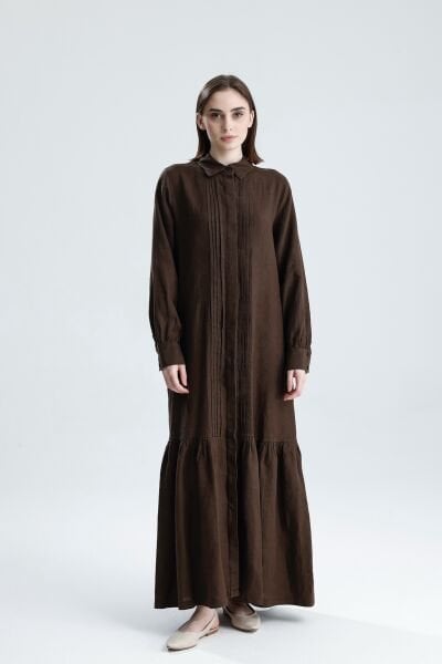 KETEN NERVÜRLÜ ACI KAHVE ELBİSE