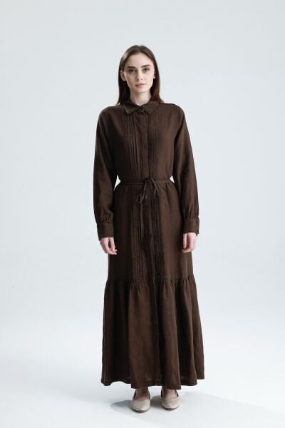 KETEN NERVÜRLÜ ACI KAHVE ELBİSE