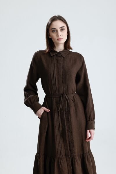 KETEN NERVÜRLÜ ACI KAHVE ELBİSE