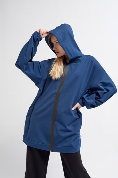 LACİVERT İNCE OVERSIZED FERMUARLI ÜST
