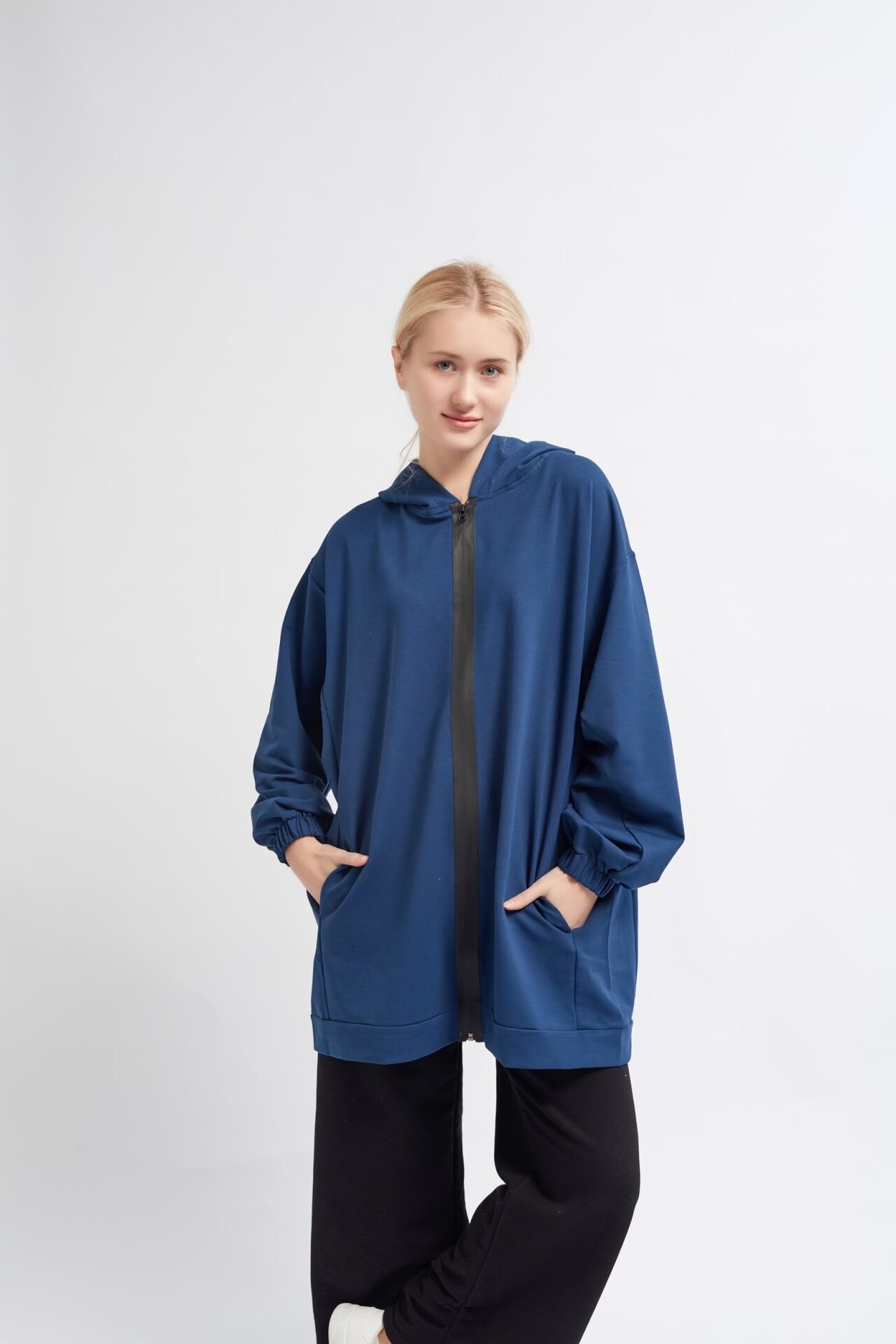 LACİVERT İNCE OVERSIZED FERMUARLI ÜST