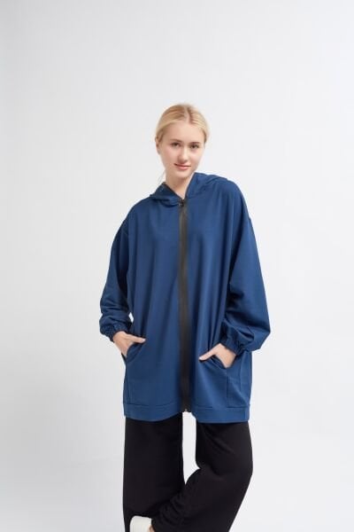 LACİVERT İNCE OVERSIZED FERMUARLI ÜST